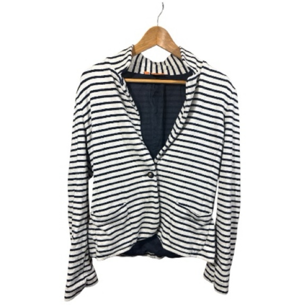 Tory Burch Navy & White Striped Blazer with Gold Logo buttons